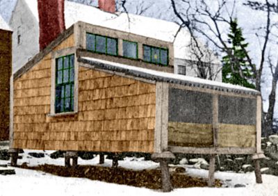 A fresh-air poultry house during a New England winter.